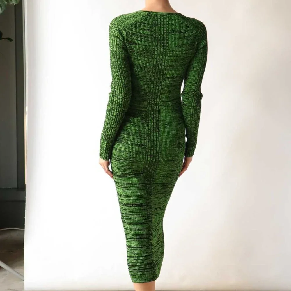 Ganni Melange Dress Midi Green Knit Long Sleeve Bodycon XS